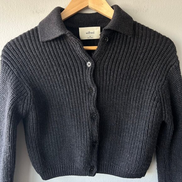 Aritzia Wilfred Next Door Sweater 100% Merino Wool Collared Cardigan Gray SizeXS - Picture 4 of 12